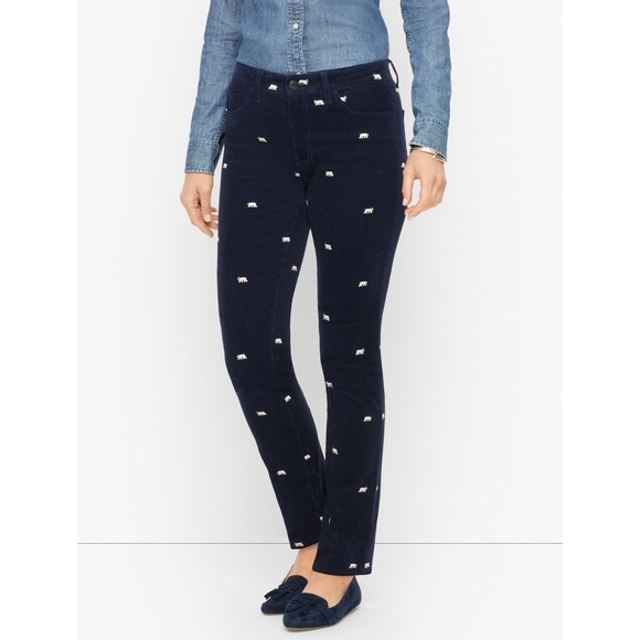 Talbots CORDUROY STRAIGHT LEG PANTS in Novelty POLAR BEAR EMBROIDERED Size 8P - Picture 1 of 12